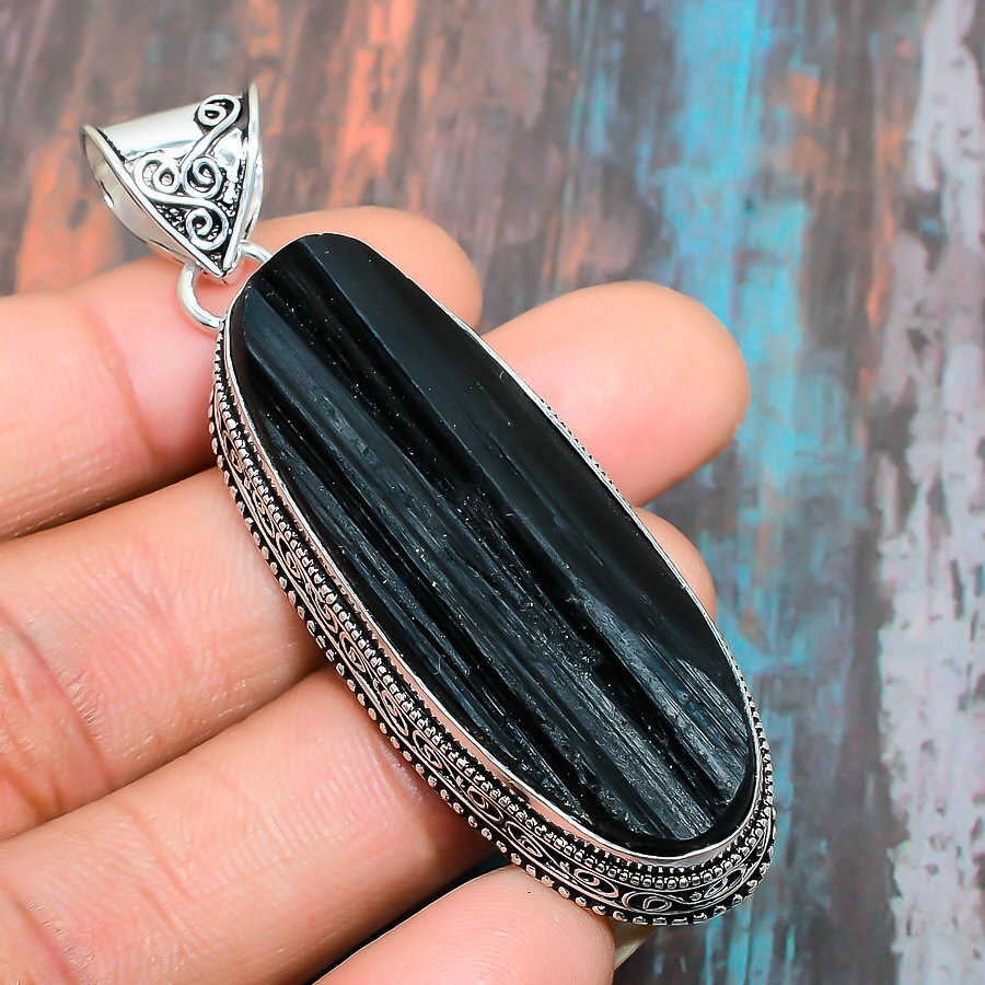 Black Tourmaline Gemstone Handmade Gift Jewelry Pendant 2.36″ t497