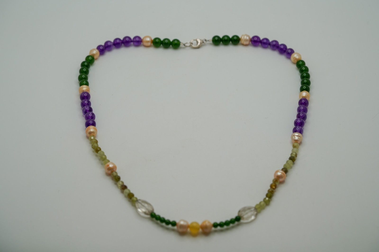 Handmade Sterling Silver Amethyst Pearl Jade Bead Necklace 19″ x 6mm JB47