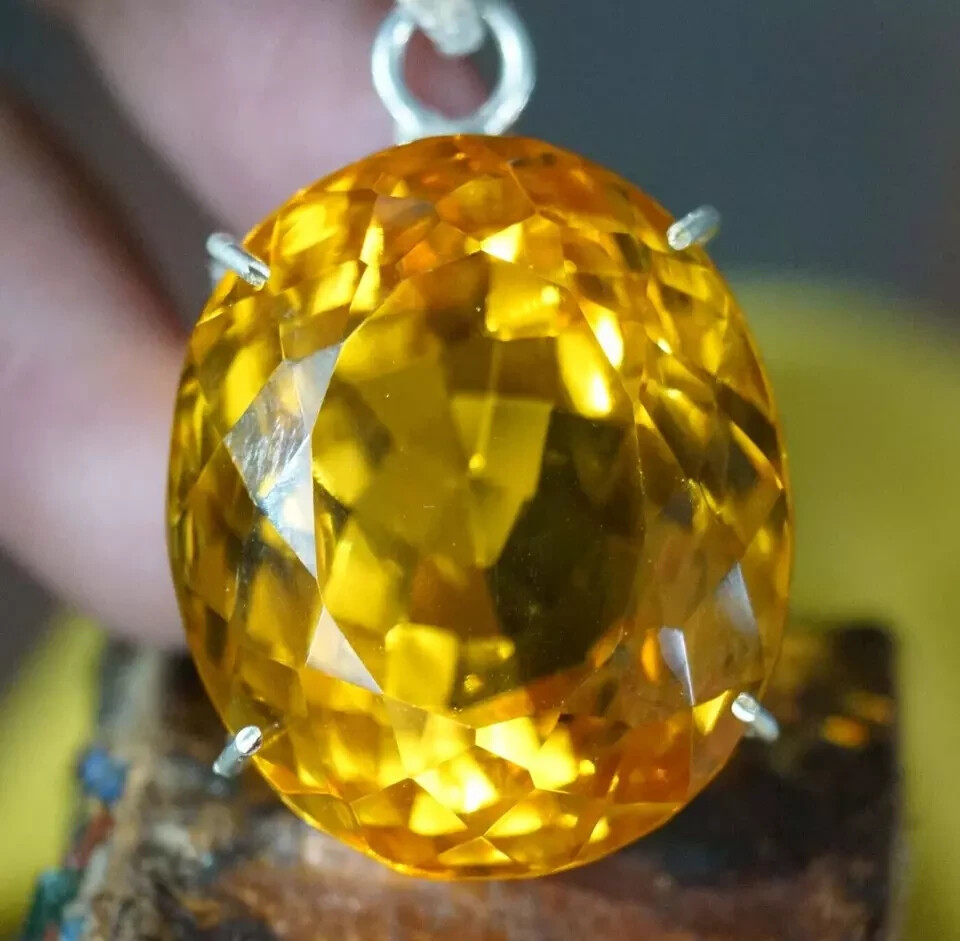 94 Ct+ Natural Yellow Citrine 925 Solid Silver Oval Pendant Loose Gemstone A+