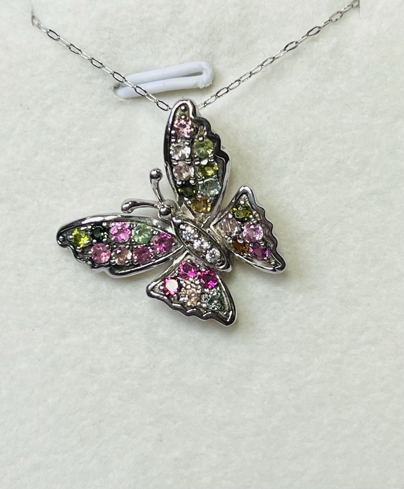 925 Sterling Silver Tourmaline Pink Green Blue Yellow Butterfly Pendant Necklace