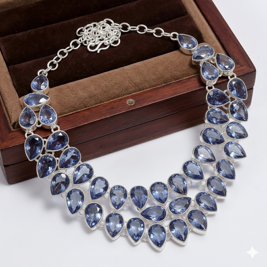 925 Sterling Silver Blue Tanzanite Gemstone Handmade Jewelry Necklace Size-18″