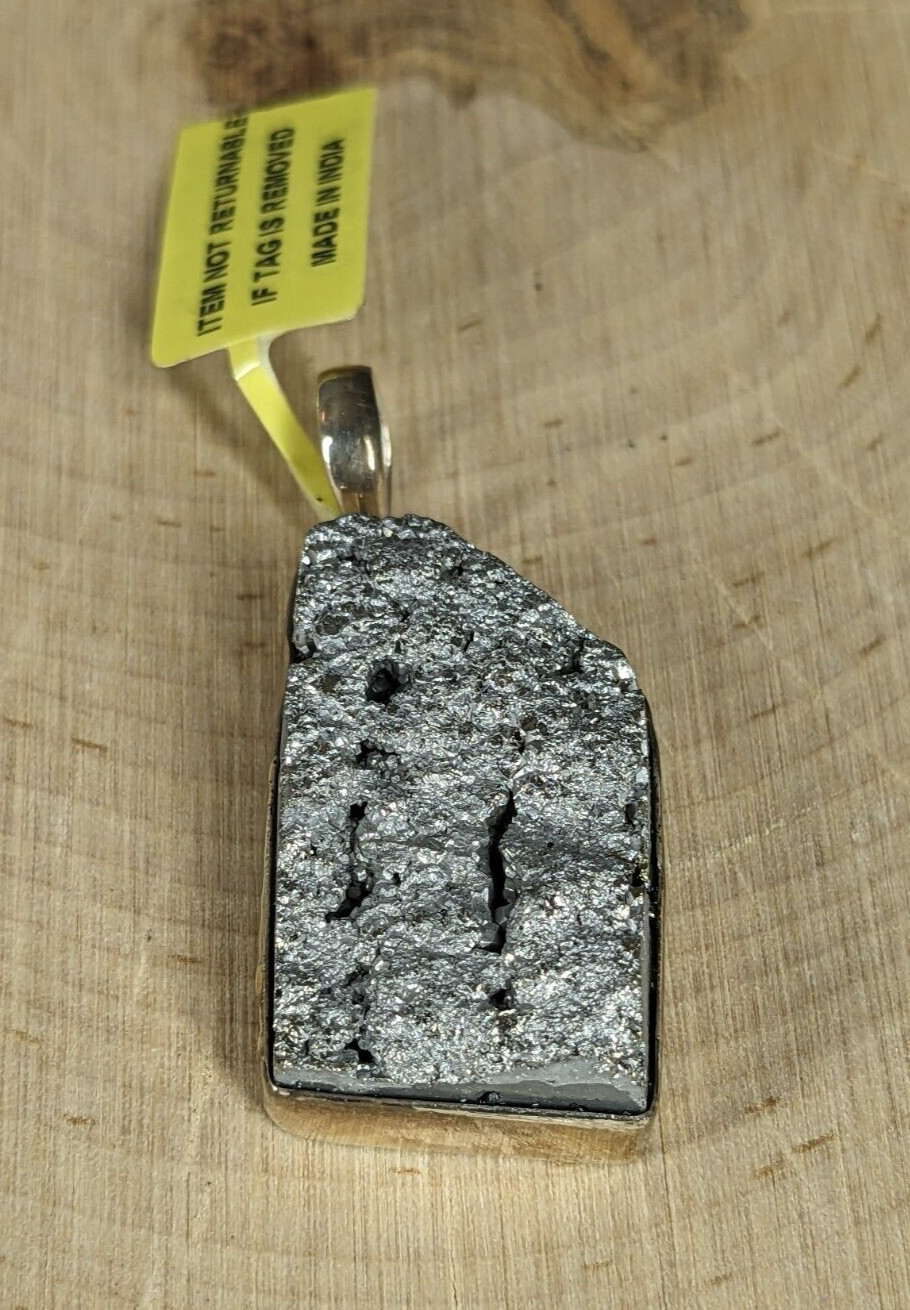 Pyrite Druze Sterling Silver 925 Trim Pendant 14.39 gram Made In India