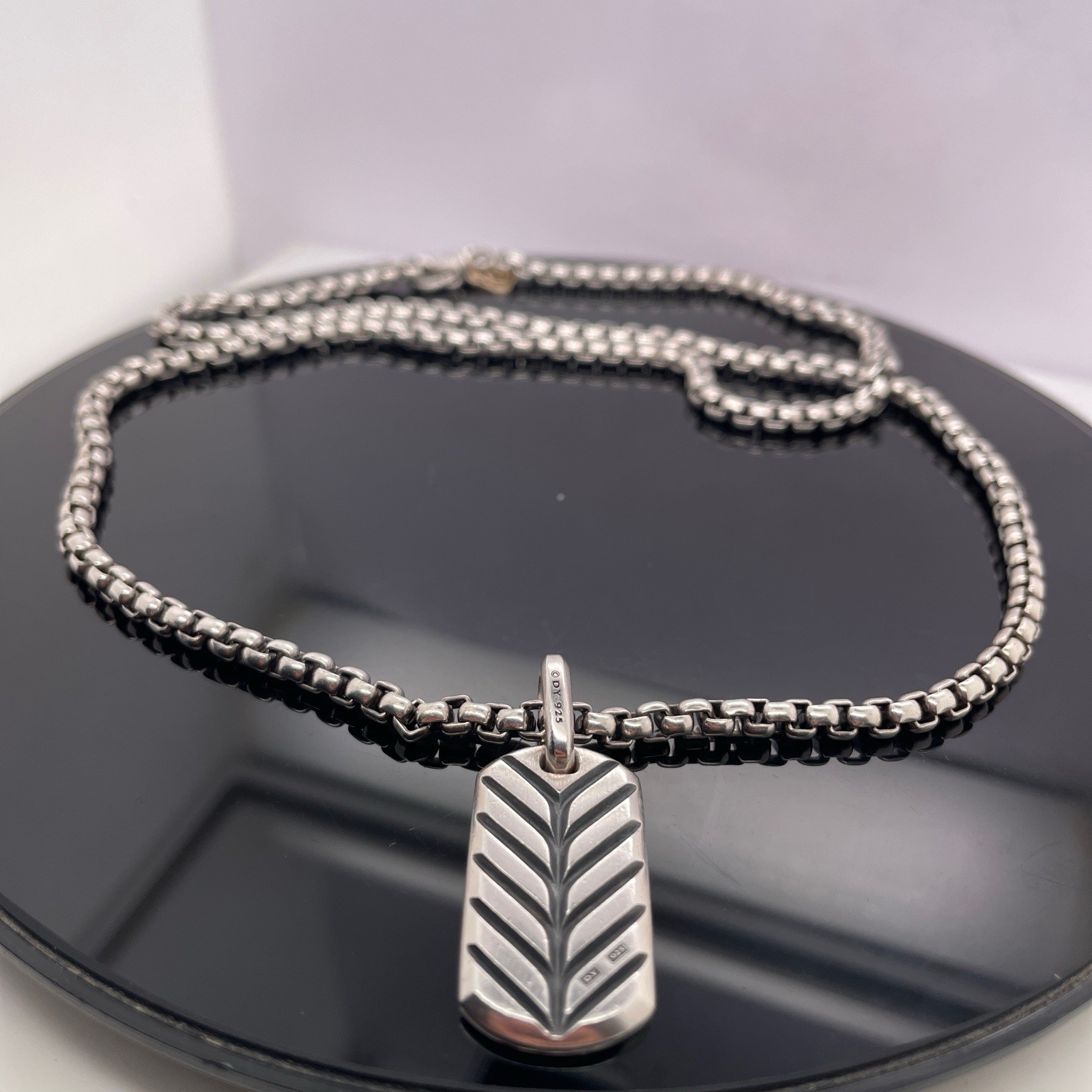 David Yurman Silver Black Diamonds Chevron Tag Pendant Necklace $2600 / 27mm