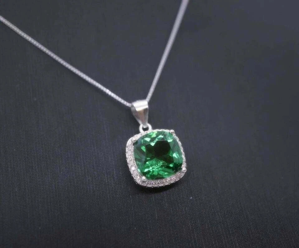 2Ct Cushion Cut Green Emerald Diamond Halo Pendant 14K White Gold GP Free Chain