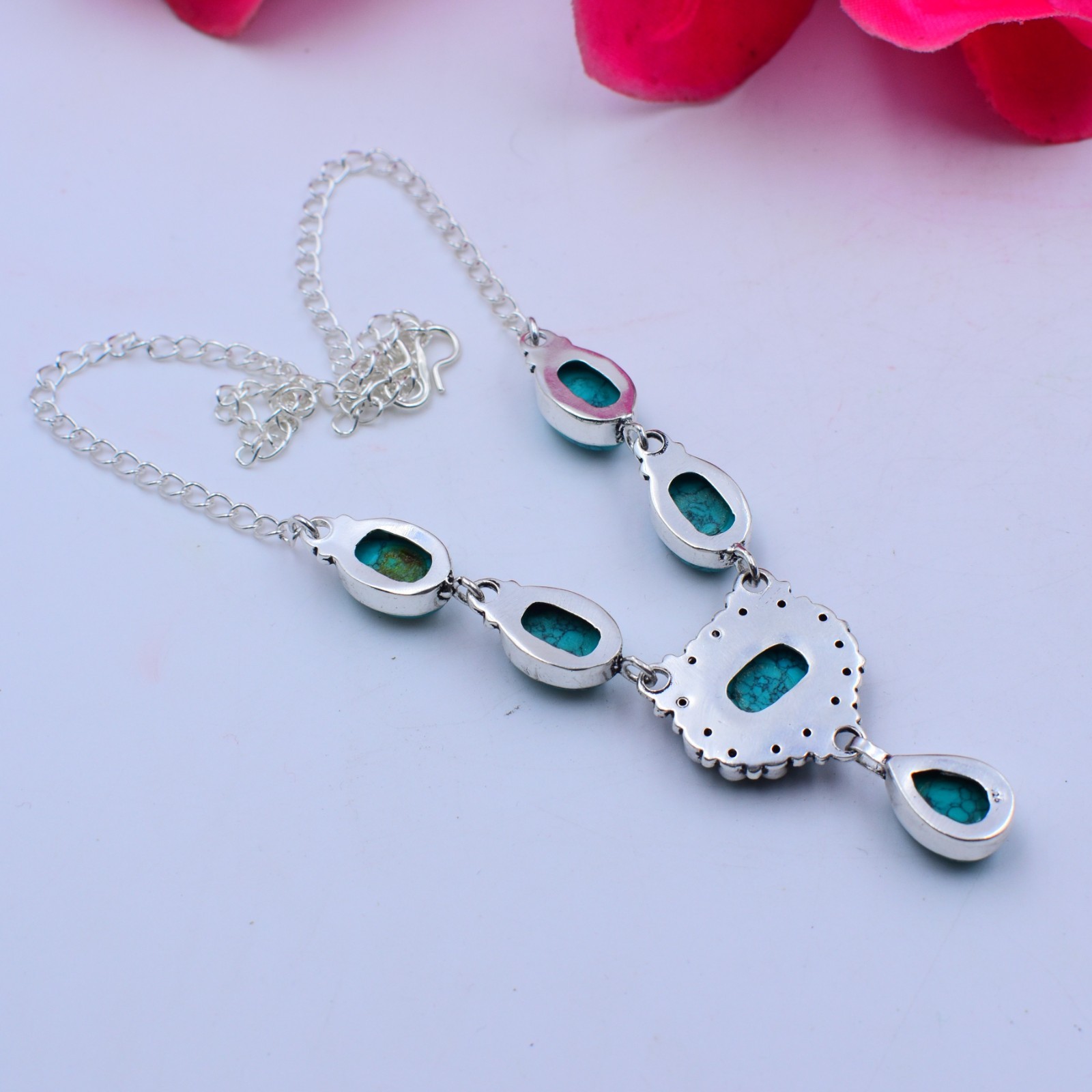 Blue Turquoise Gemstone Handmade 925 Sterling Silver Jewelry Necklace Sz-17-18″