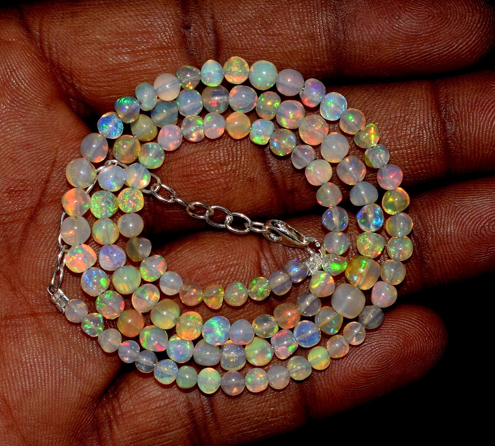 Solid925 Silver Necklace 16″Natural Ethiopian Opal Gemstone Round Balls Necklace