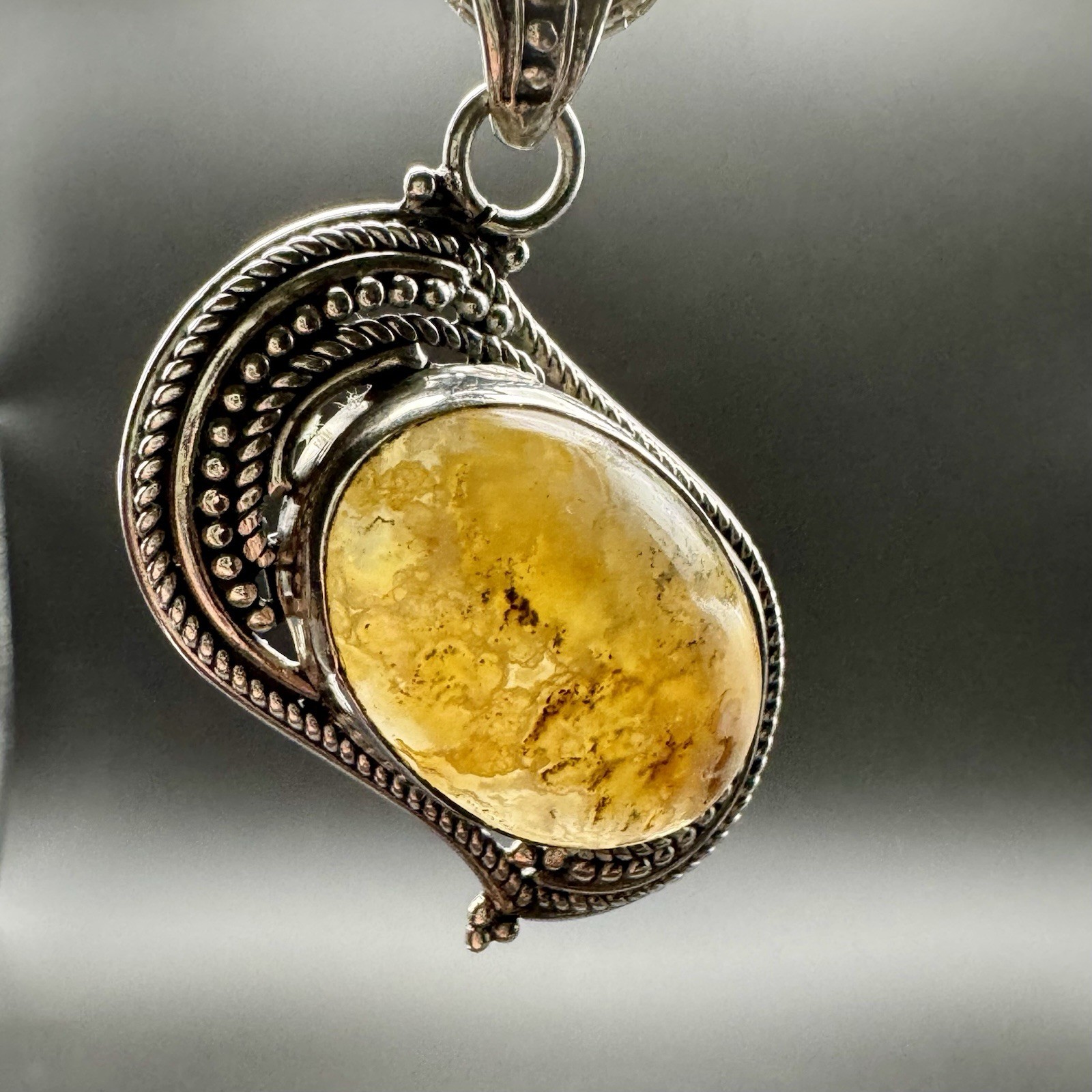 Bezel Set Jasper Cabochon Stone In Detailed Silver With 18in NB India Box Chain