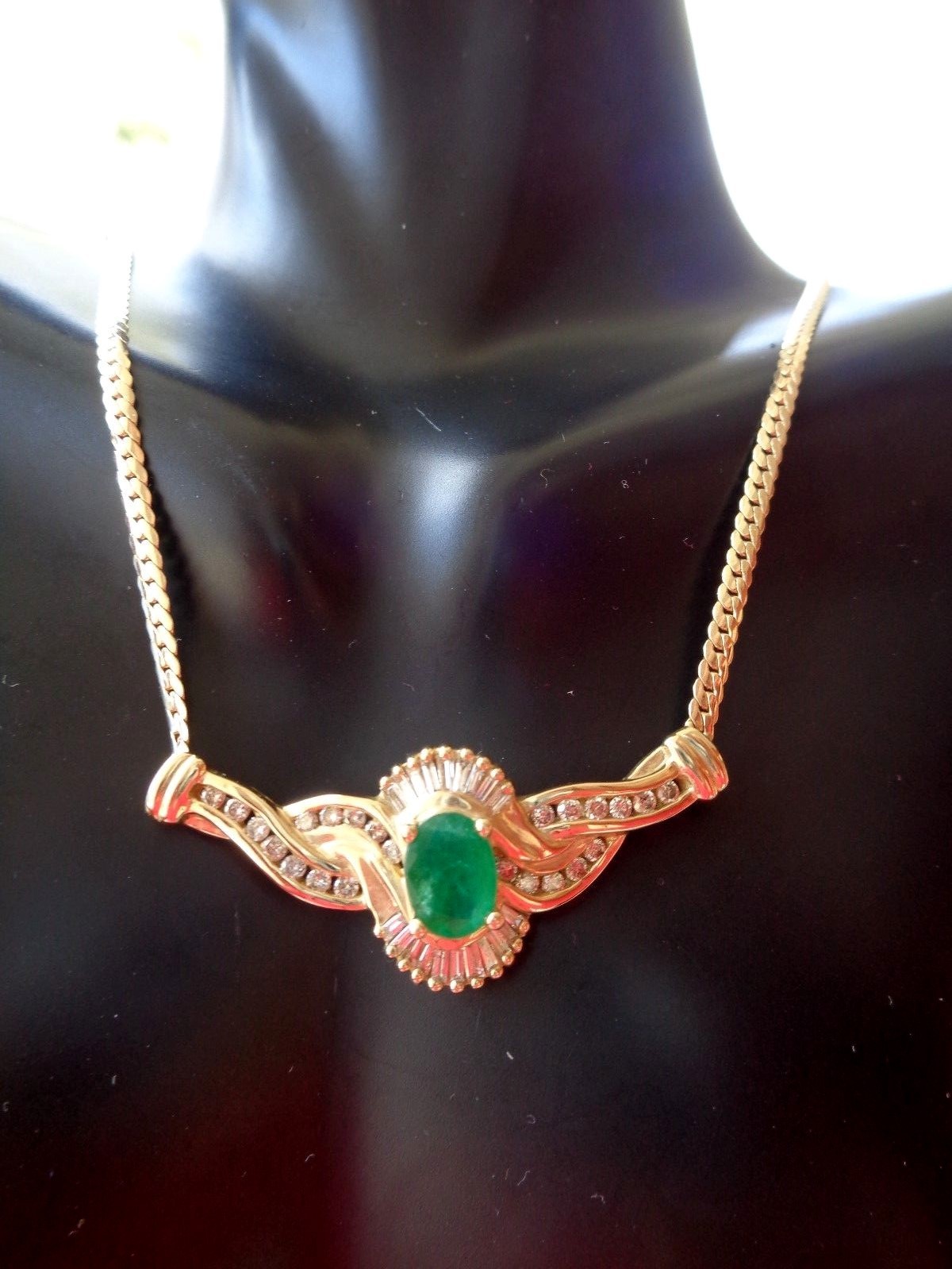 ADL 14k gold channel set and baguette diamond Emerald bib necklace LKNEW $3600