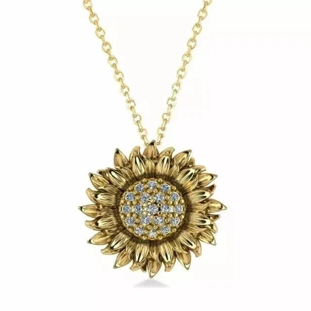 1.50Ct Round Natural Moissanite Women’s Sunflower Pendant 14K Yellow Gold Plated