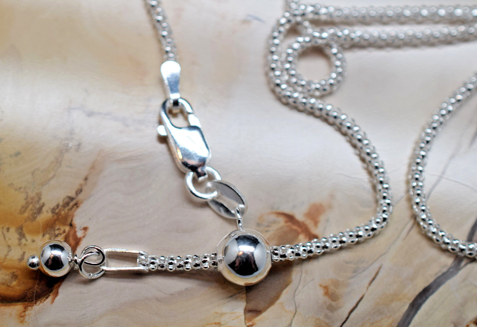 1.8 mm Adjustable Popcorn Chain Necklace Solid 925 Sterling Silver Ball Slide