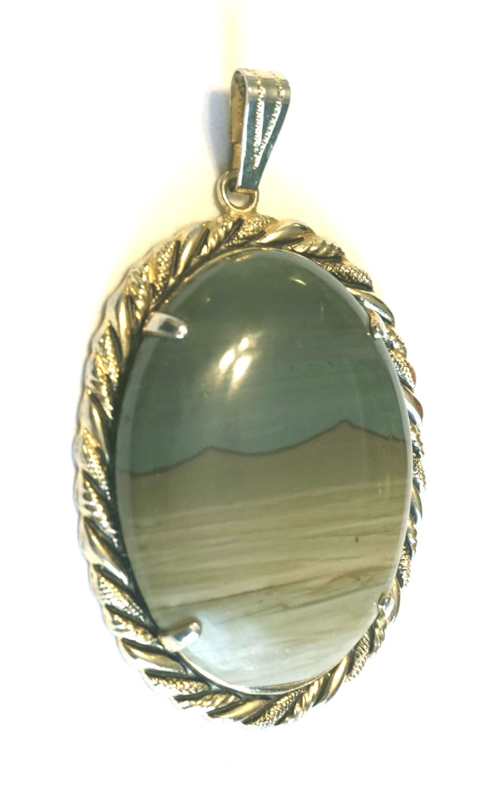 Vintage Polished Banded Green Agate Natural Stone Pendant- Gold Tone