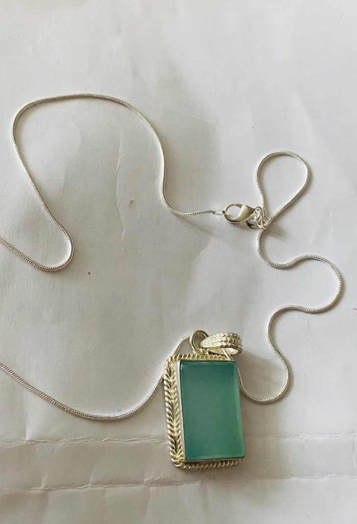 Vintage Aqua Chalcedony Big Pendant 925 Silver 20”chain.4x2cm UK Seller VGC