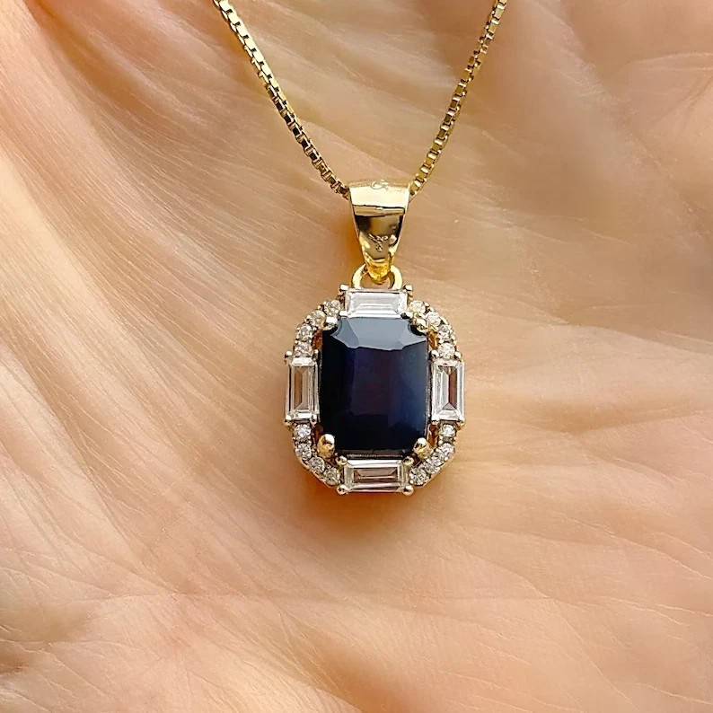 3Ct Emerald Cut Lab Created Sapphire & Diamond Halo Pendant 14K Yellow Gold Over