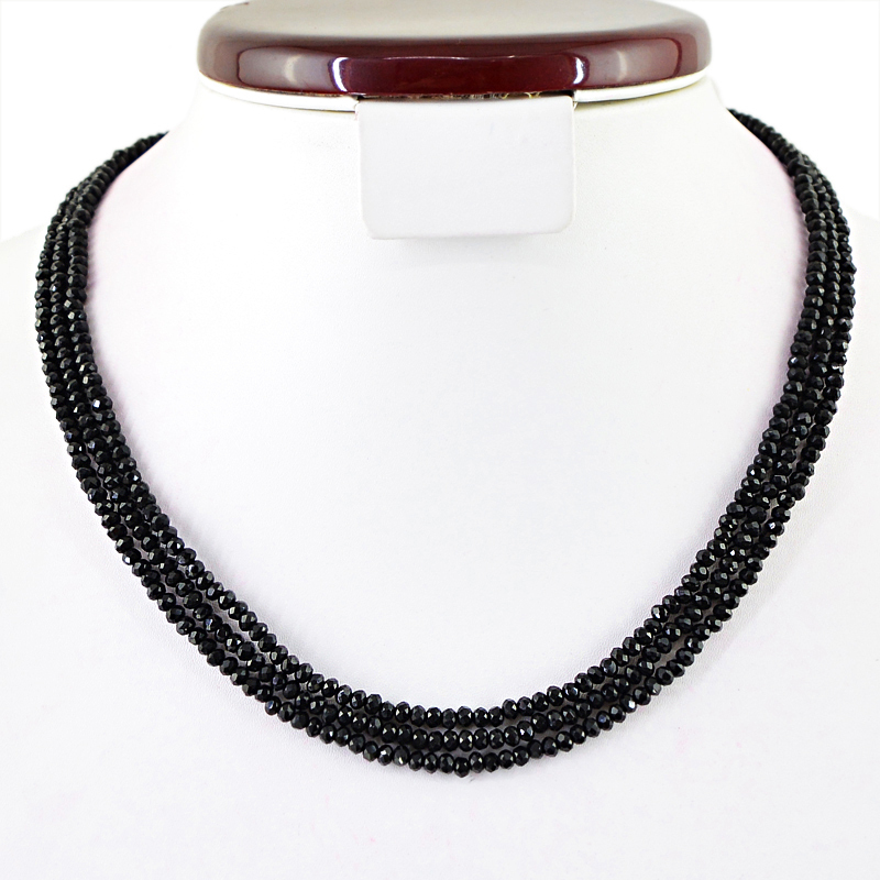 110.00 CTS NATURAL 3 LINE RICH BLACK SPINEL ROUND FACETED BEADS NECKLACE(RS)