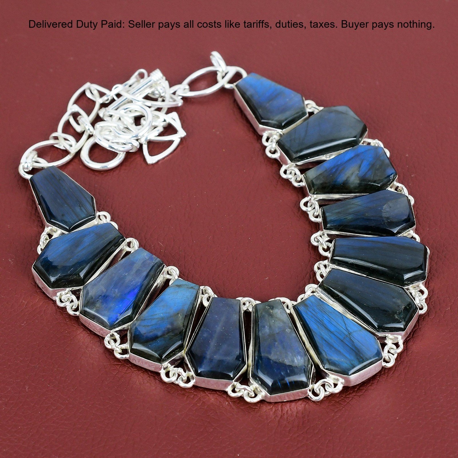 New Year Deal 925 Silver Hexagon Labradorite Gemstone Coffin Chain Boho Necklace