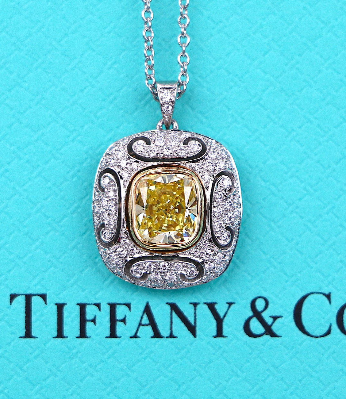 Tiffany Co Platinum 18k 1.07ct Cushion Fancy Intense Yellow VVS1 Diamond Pendant