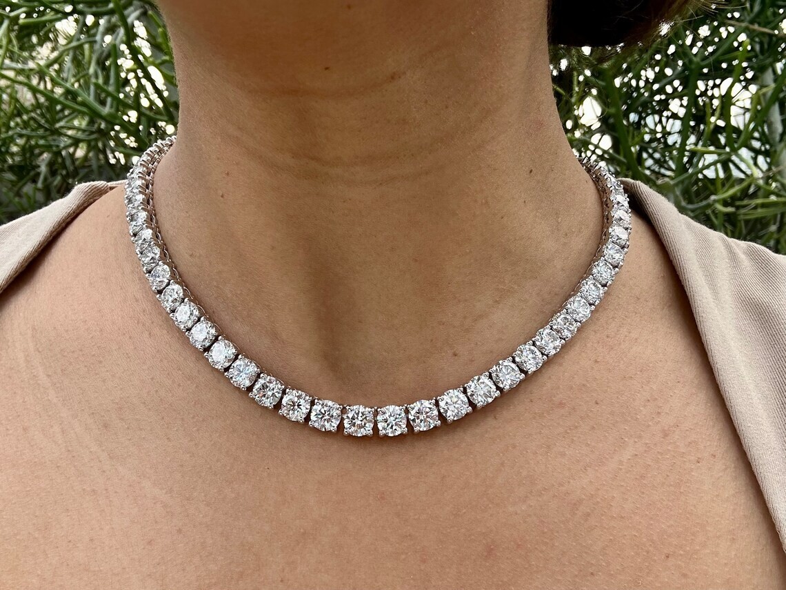 67 CT D-F/VS Lab Grown Diamond Round Diamond Tennis Necklace 14K White Gold 18”