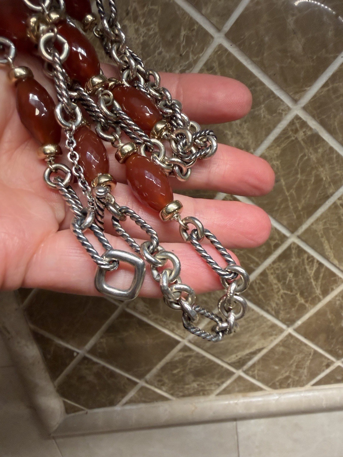 David Yurman 925 Sterling Silver Carnelian Station 33in Figaro Toggle Necklace