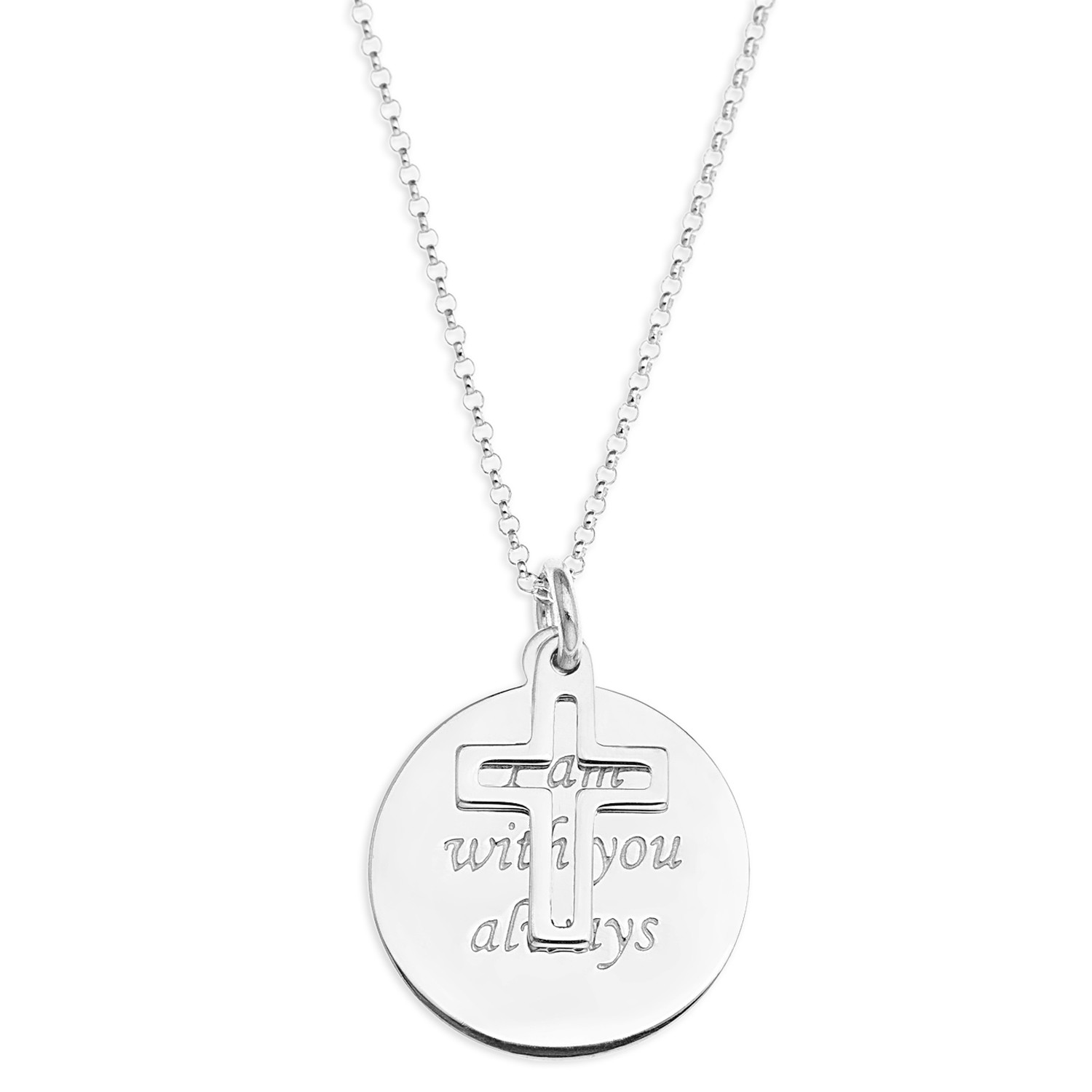 Cross Charm Message Disc Pendent – Sterling Silver, I am with you always