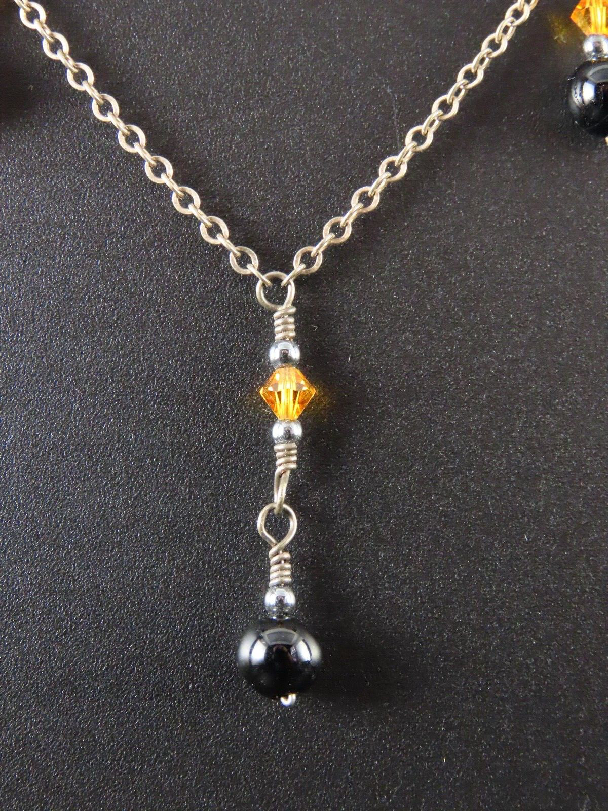 VTG STERLING SILVER Chain Necklace BEADED STATION DROPS Dangles BLACK ORANGE