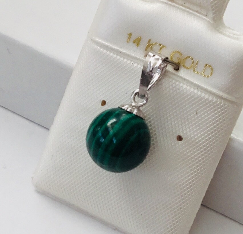 Solid 14K White / Yellow Gold Natural Green Malachite Ball Solitaire Pendant NEW