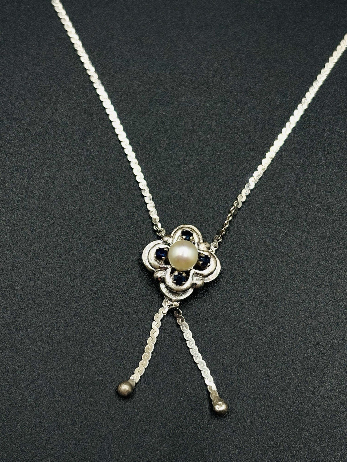Vintage 835 German Silver Genuine Sapphire & Pearl Pendant Necklace 16.5”