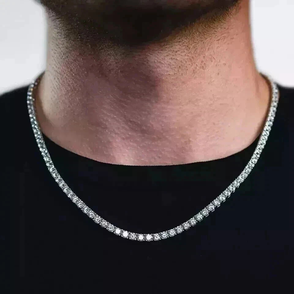 22Ct Men’s Tennis Necklace Round Cut Created Diamond 14k White Gold Plated 18″