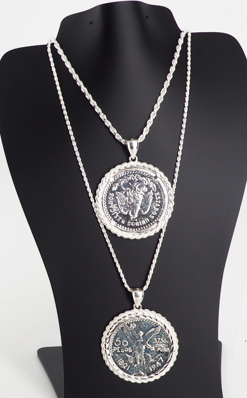 925 Sterling Silver Mexican 50 Peso Centenario Coin Bezel Rope Pendant Necklace