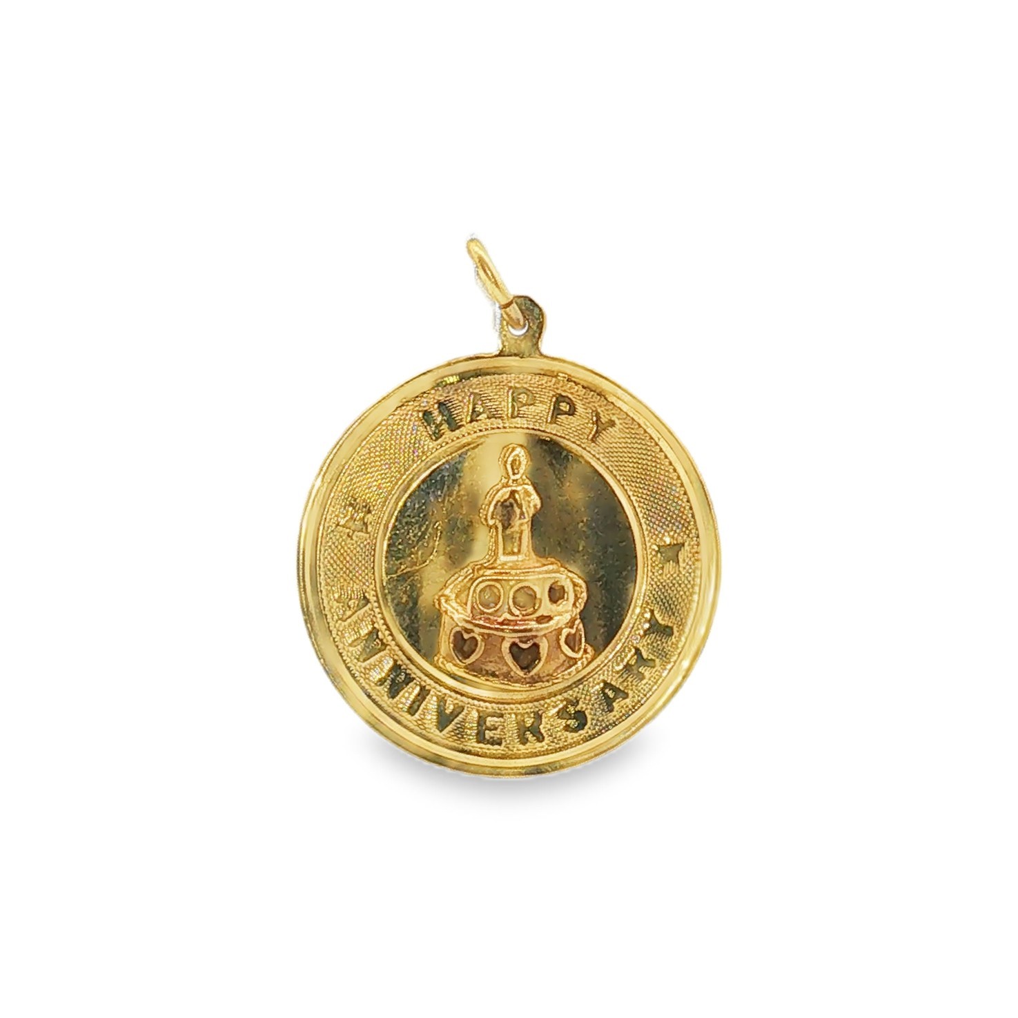 Vintage 13KY+14KY Round “Happy Anniversary” w/ Cake Charm – 1.25″ by 1″