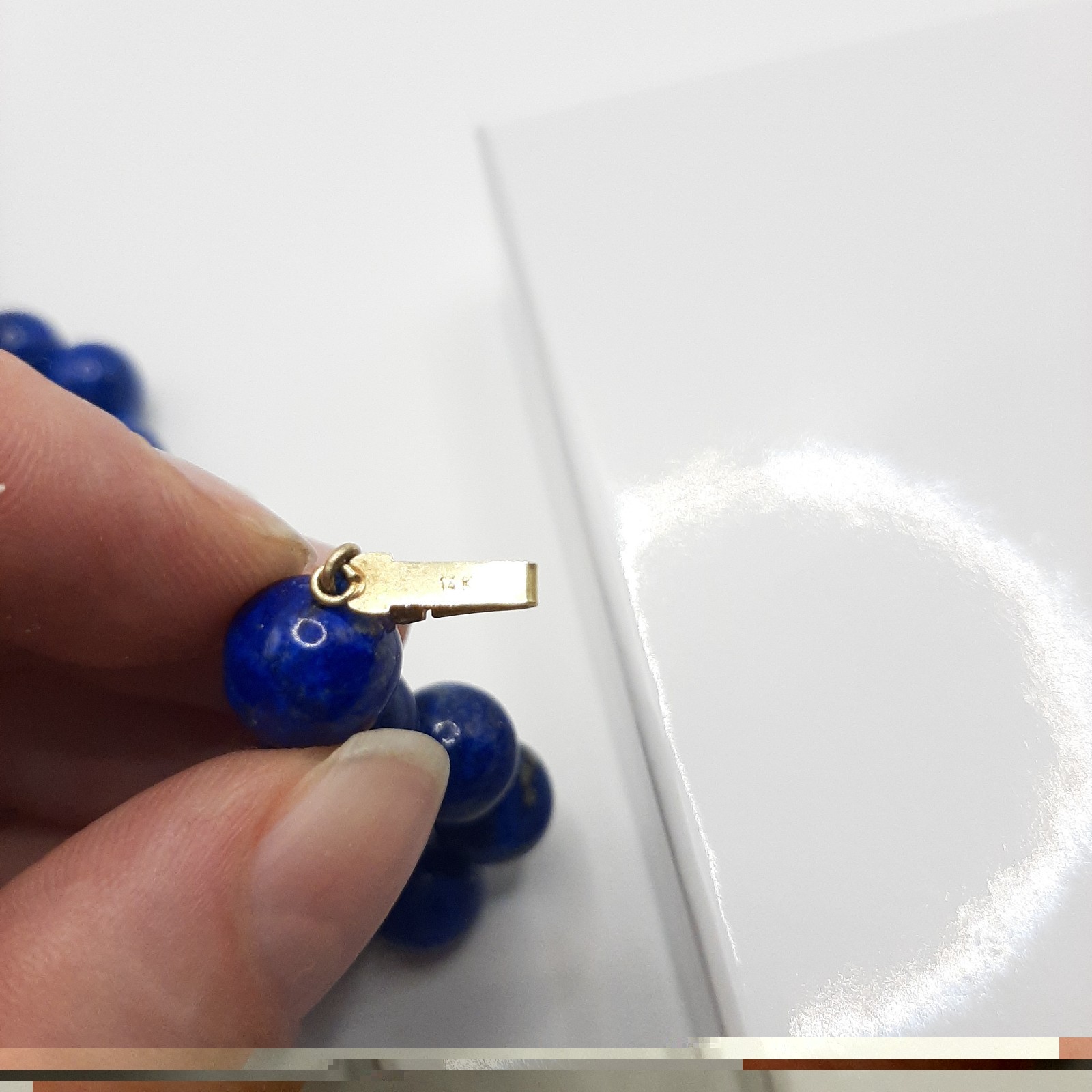 Vintage 30″ Lapis Lazuli Hand-Knotted Necklace 14k Clasp, Deep Blue W/ Pyrite
