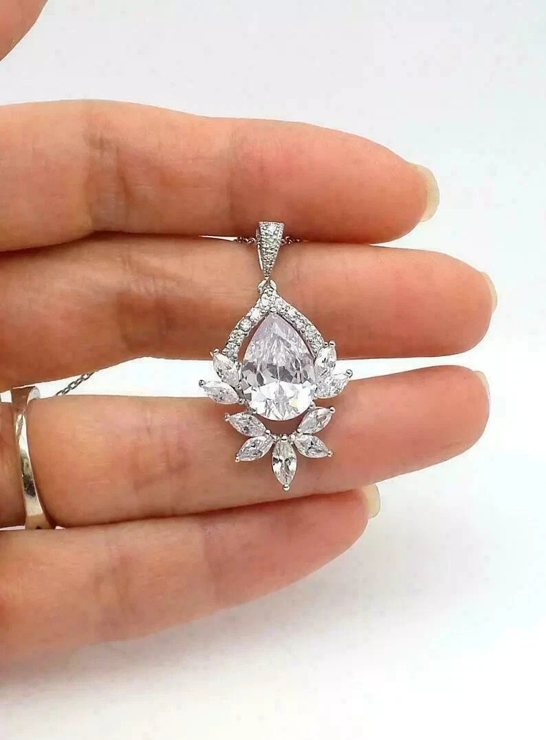 2Ct Pear VVS1/D Diamond Drop & Dangle Earrings 14K White Gold Finish Free Chain
