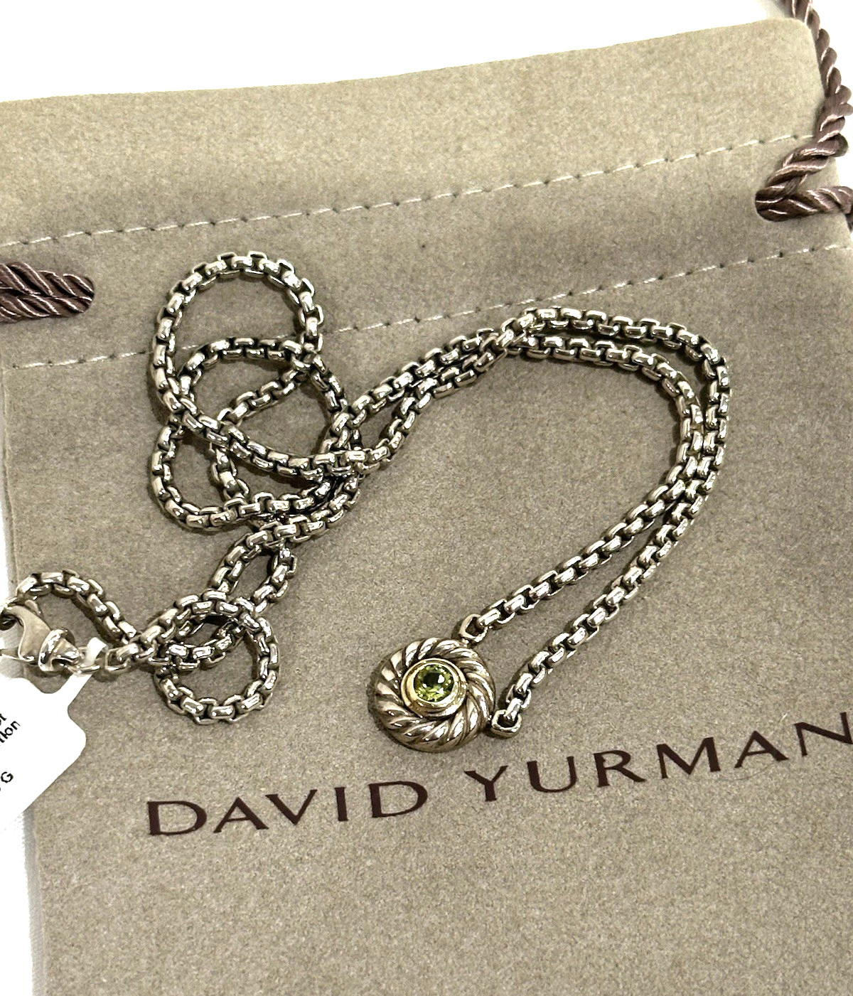 David Yurman 925 & 14k Gold Peridot Cookie Pendant Box Chain Necklace