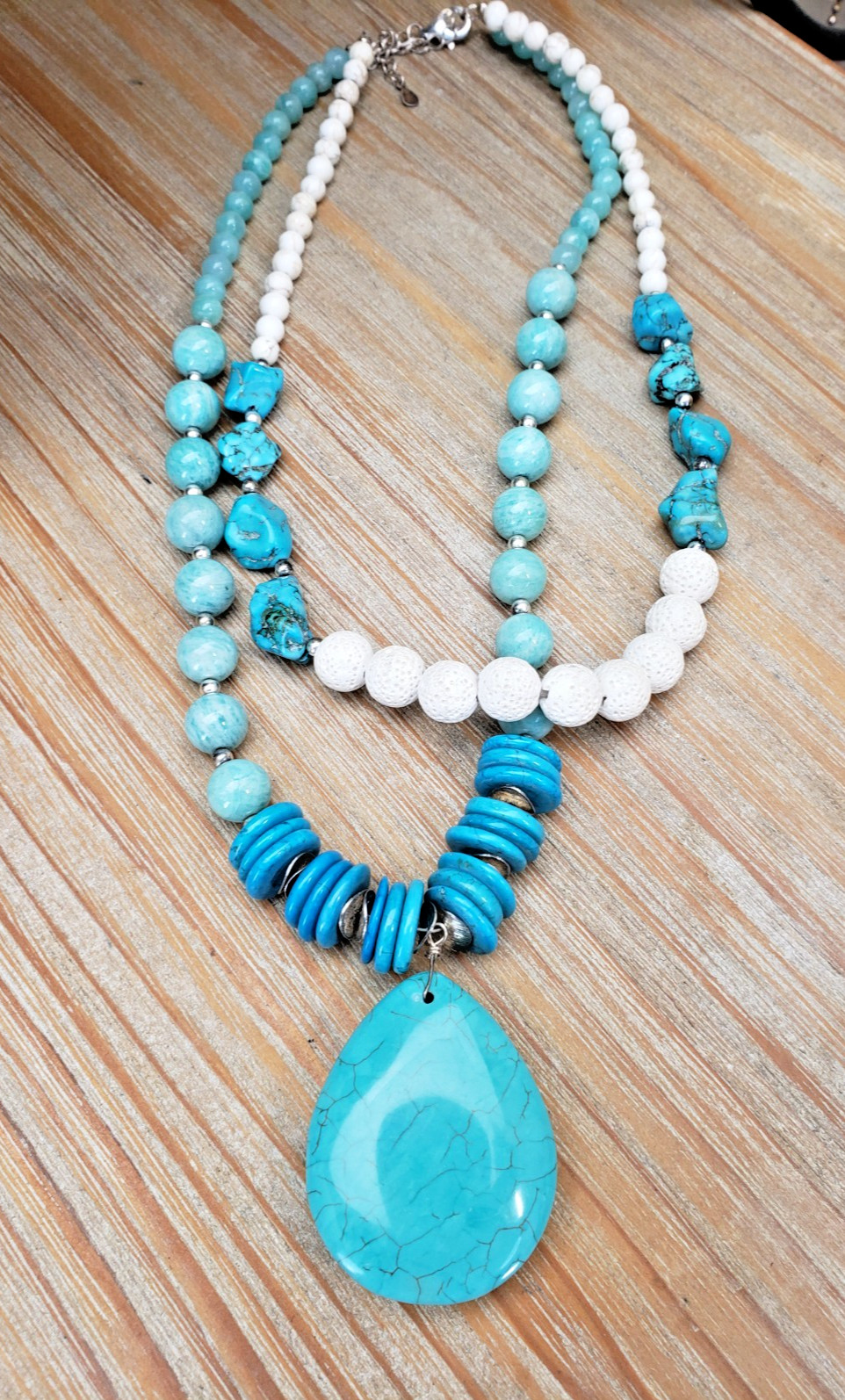 Sterling Silver Amazonite Turquoise Lava Bead Howlite Pendant Necklace S925