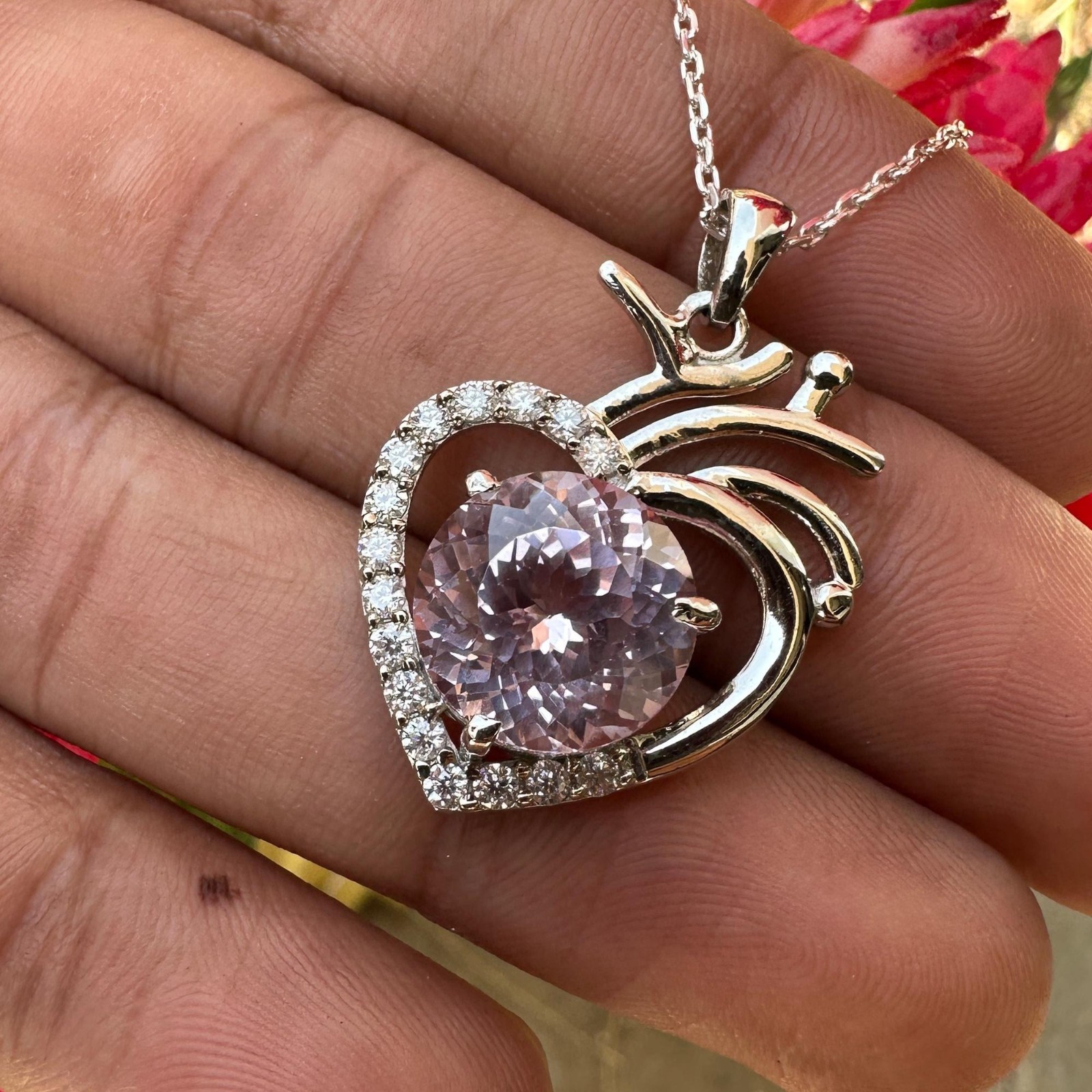 Certified Light Pink Morganite 32 Ct Heart Pendant Necklace 925 Sterling Silver
