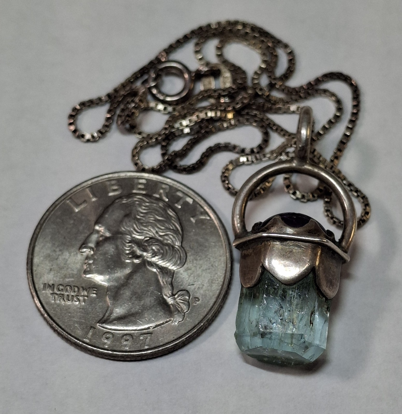 Vintage Sterling Silver Raw Aquamarine Point Amethyst Pendant Necklace 19 inch