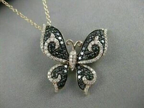 2Ct Round Cut Black Diamond Butterfly Pendant 14K Yellow Gold Finish Free Chain