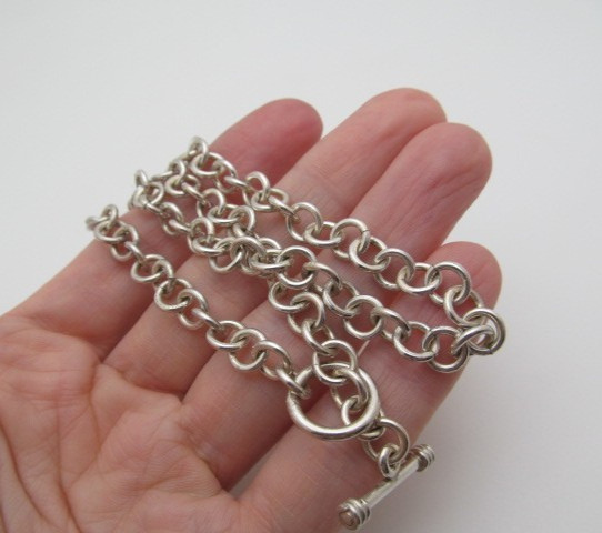 925 Sterling Silver 7mm Rolo Round Link Chain Toggle Bar Necklace 17 In