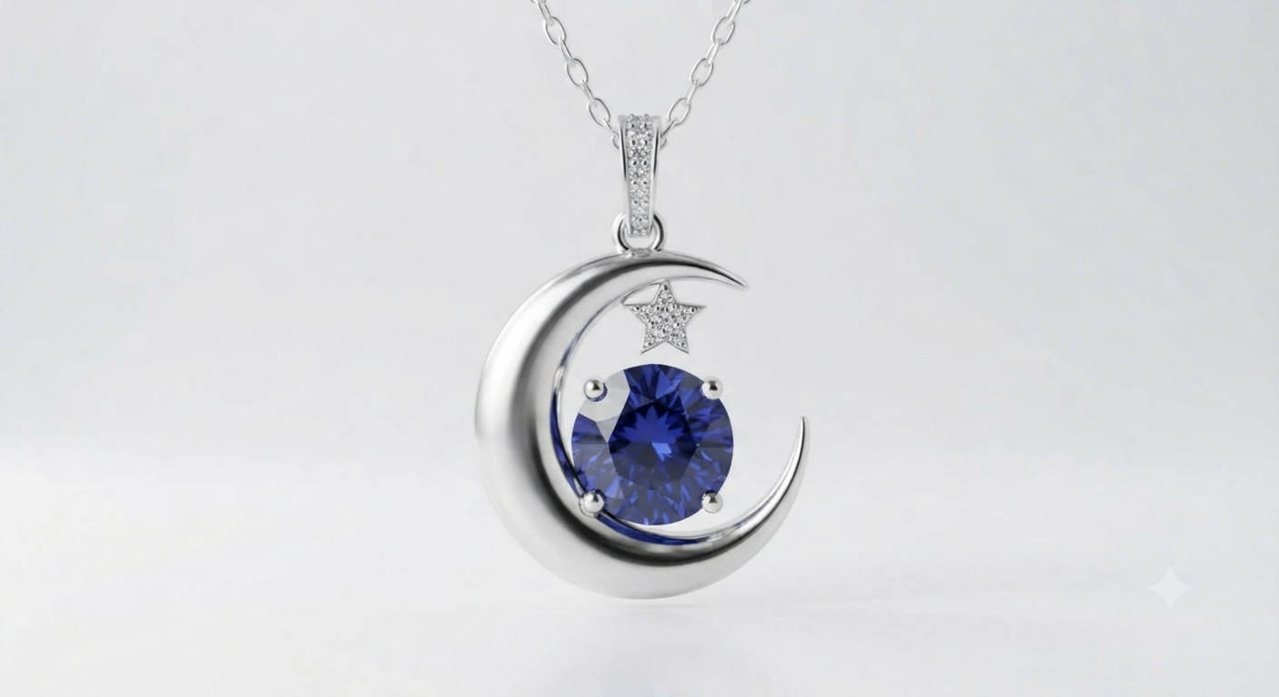 Elegant Celestial Crescent Moon & Star Pendant – Blue Sapphire Color Stone
