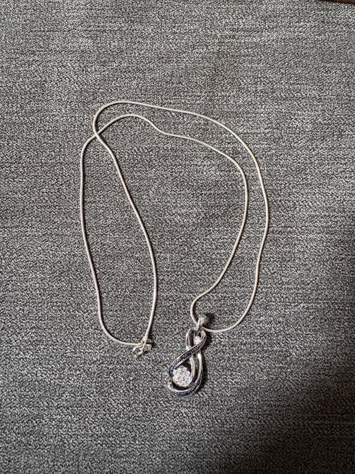 Zales Diamond Necklace Sterling Silver 925 Black White Infinity Silver 20” Long