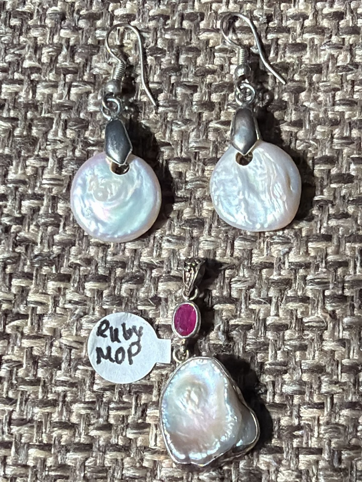 .925 Silver Ruby and Mother of Pearl Baroque Pendant w Earrings