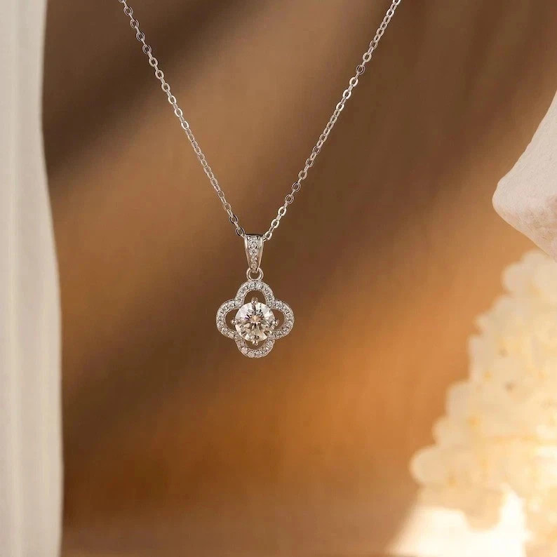 1 CT Round Cut Fancy Moissanite Wedding Pendant 14K White Gold Plated For Women