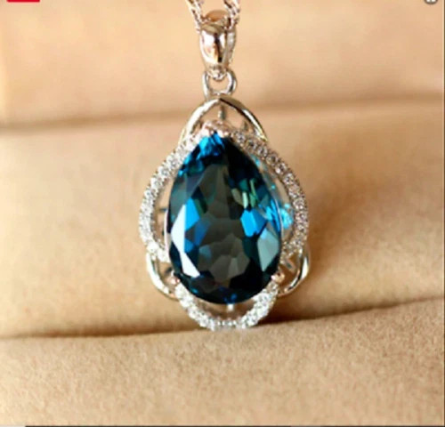 3Ct Pear Cut London Blue Topaz TearDrop Pendant 14K White Gold Finish Free Chain