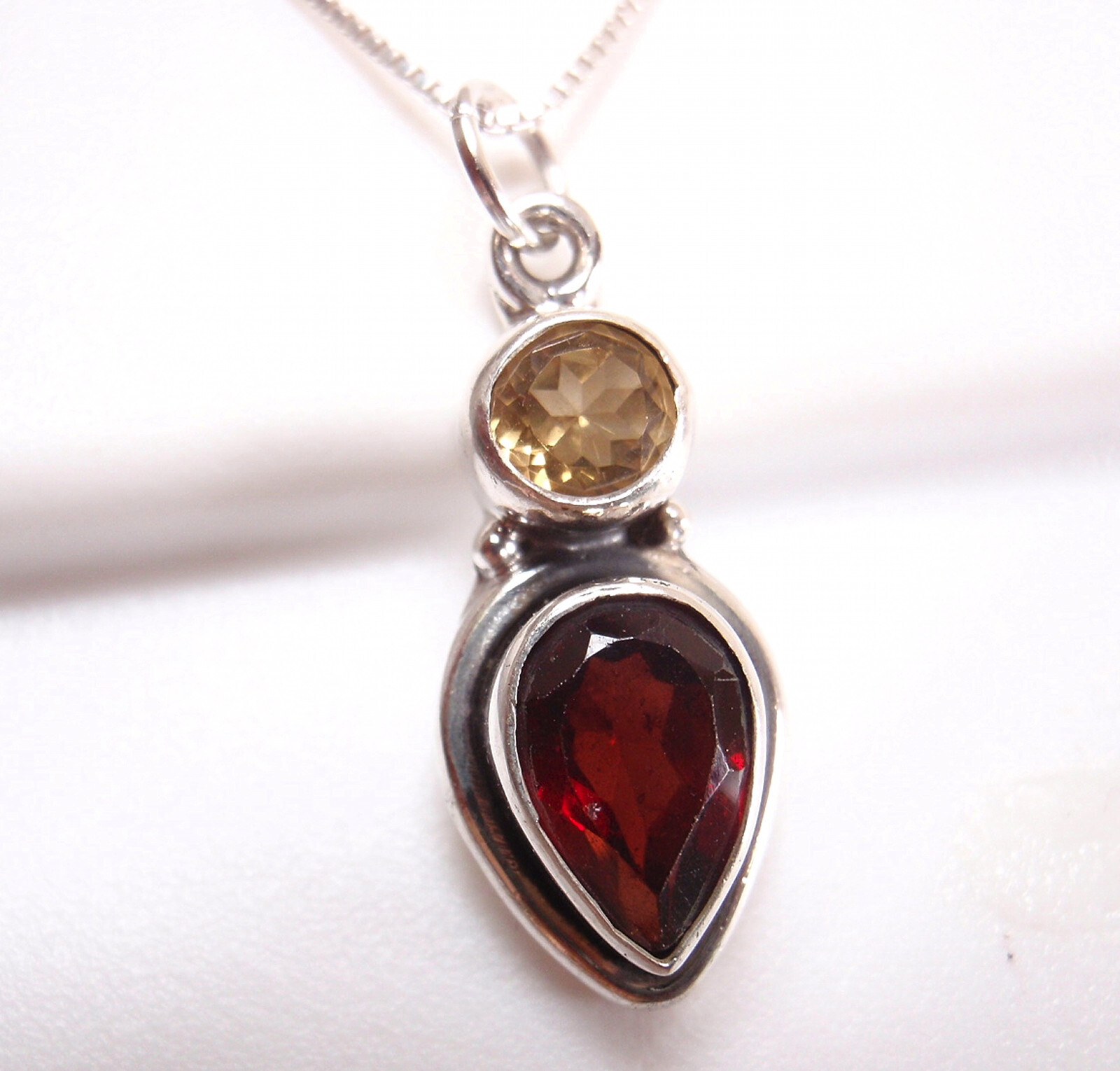 Citrine and Garnet Faceted Teardrop and Round 2-Gem 925 Sterling Silver Pendant