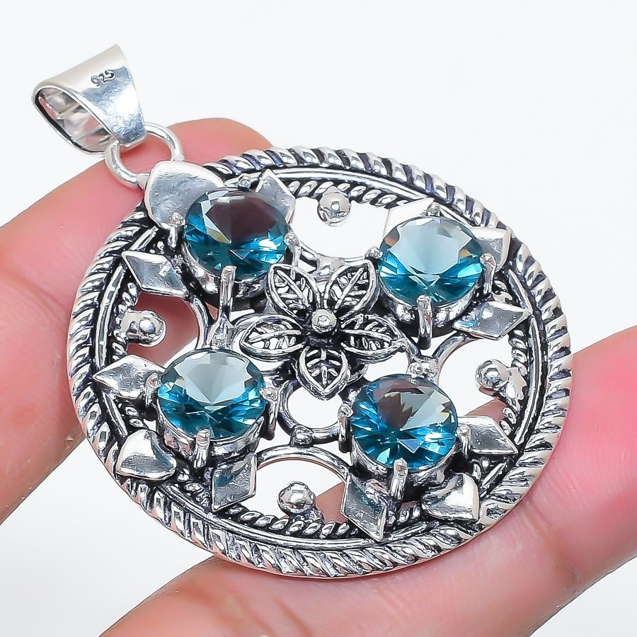 London Blue Topaz Gemstone Handmade 925 Sterling Silver Jewelry Pendant Size 2″