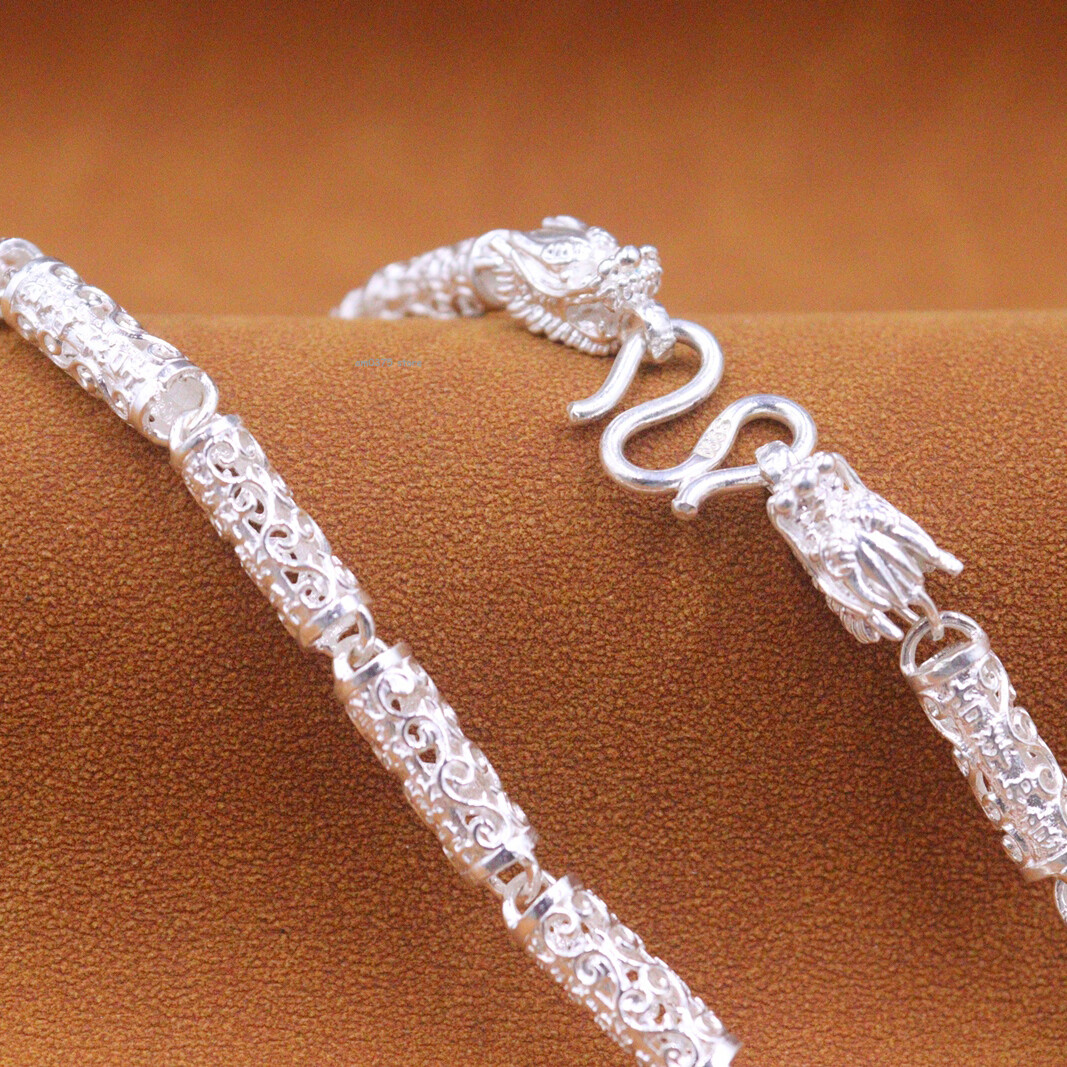 Pure 999 Fine Silver Necklace Men Women 6mm Dragon Head Beaded Link Chain 20inch