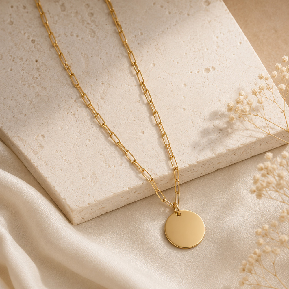 16″ + 2″ 14 Karat Gold Plated Engravable Disc Necklace