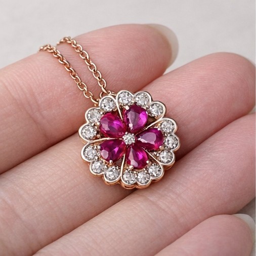 3 Ct Pear Cut Created Red Ruby Flower Pendant 14k Yellow Gold Plated Necklace