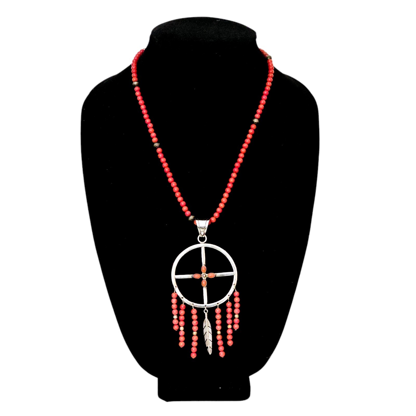 SOUTHWEST Necklace Dreamcatcher 925 Sterling Silver Coral Bead Chain Signed B