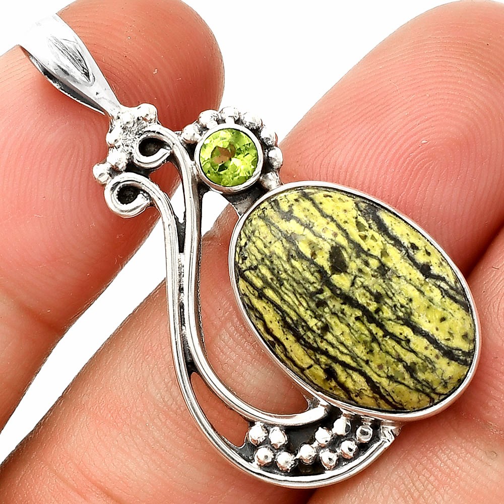 Natural Serpentine & Peridot 925 Sterling Silver Pendant Jewelry P-1573