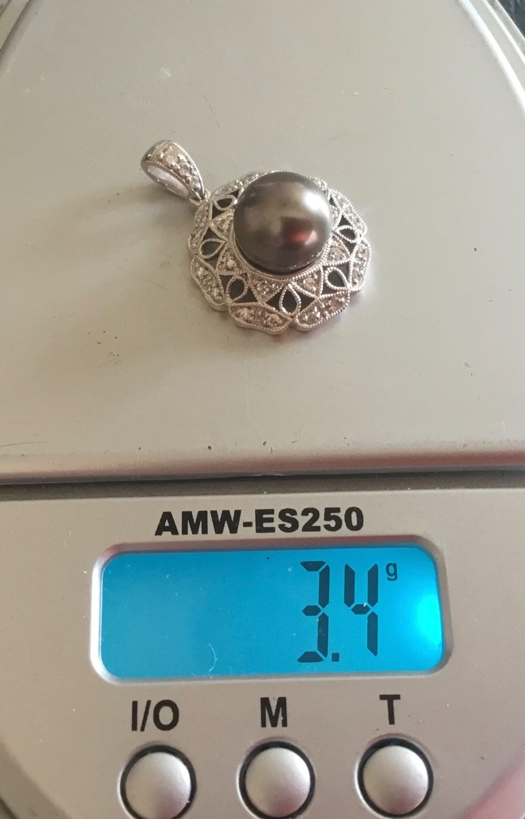 14K SOLID WHITE GOLD BLACK TAHITIAN PEARL DIAMONDS PENDANT 3.4 GRAMS